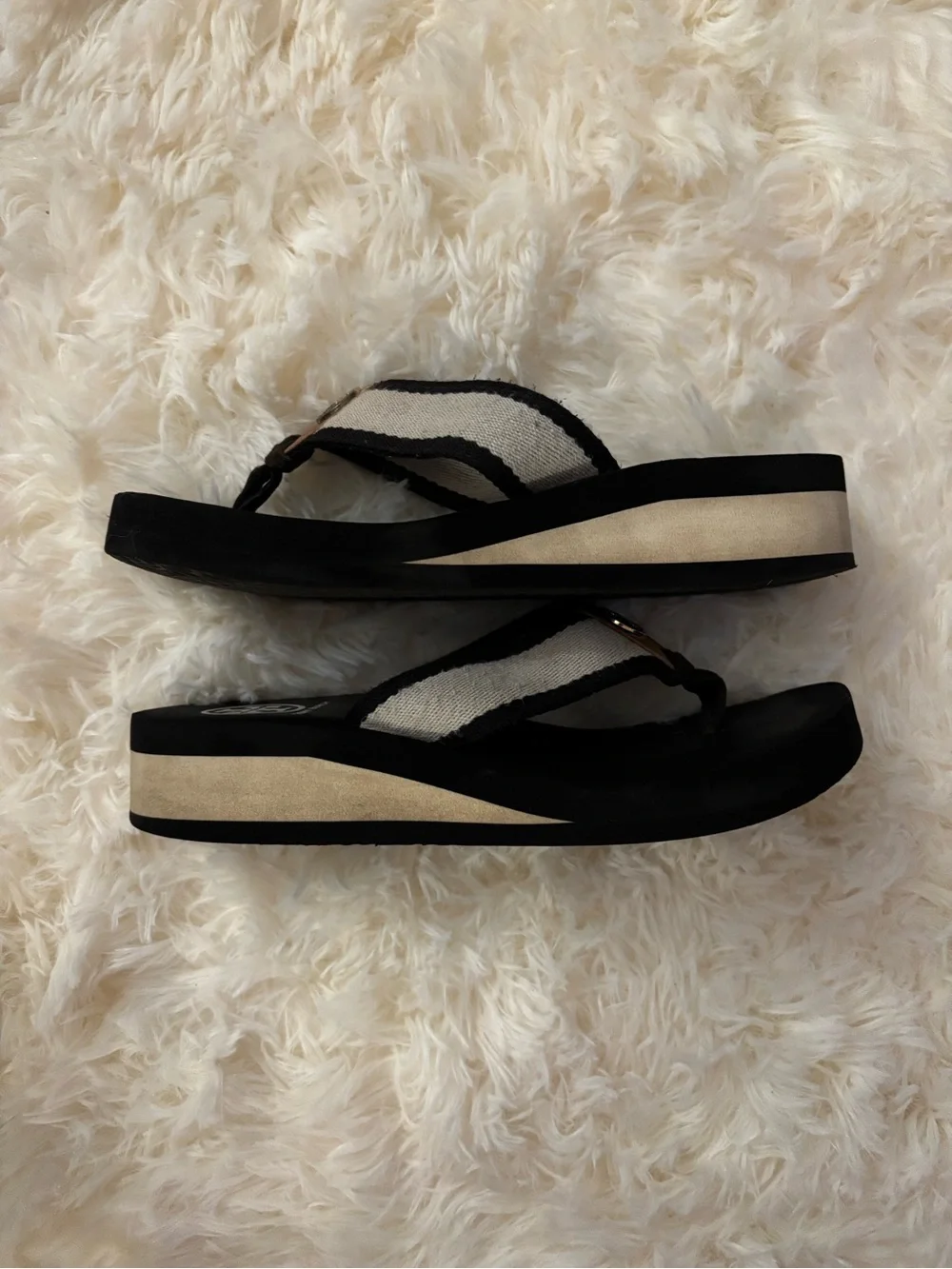 Tory Burch Black Flip Flop Sandals with Cream Straps and Gold Logo